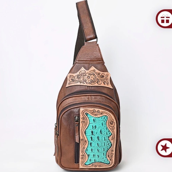 American Darling Brown and Teal Leather Backpack - Picture 4 of 7